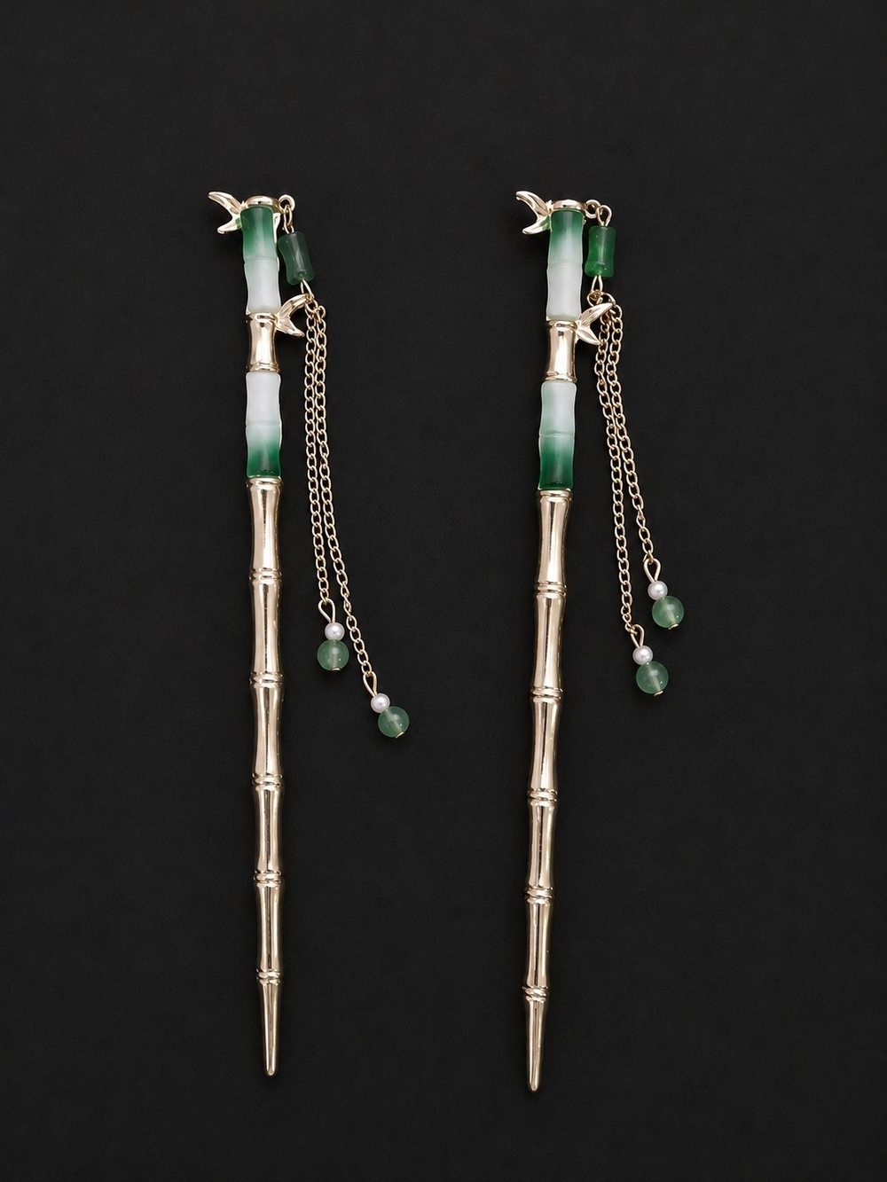 Bamboo Hair Sticks Green Bead Tassels - Picture 2 of 5